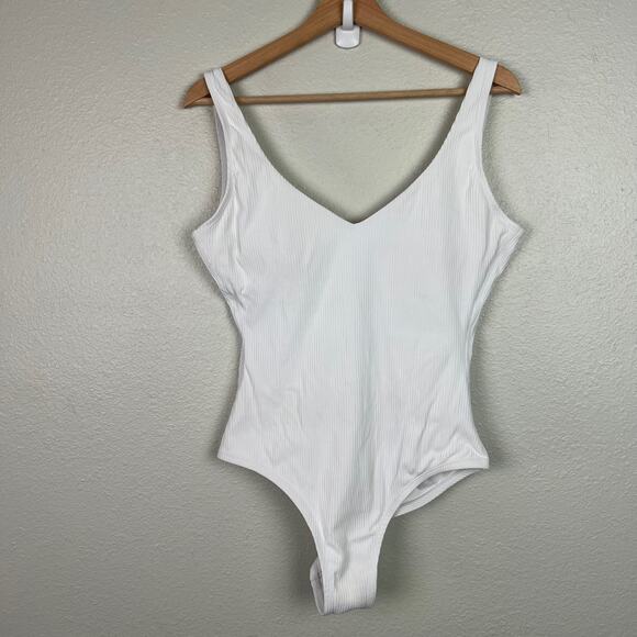 Andie Swim Women's Size Large One Piece White Ribbed Low Back Swimsuit V-Neck - Picture 1 of 8